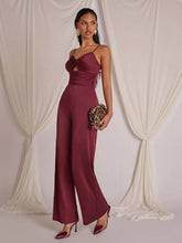 COSMINA Wine Red Women's Hollow Design Twist Pleated Jumpsuit, For Valentine's Day, New Year, Autumn/Winter